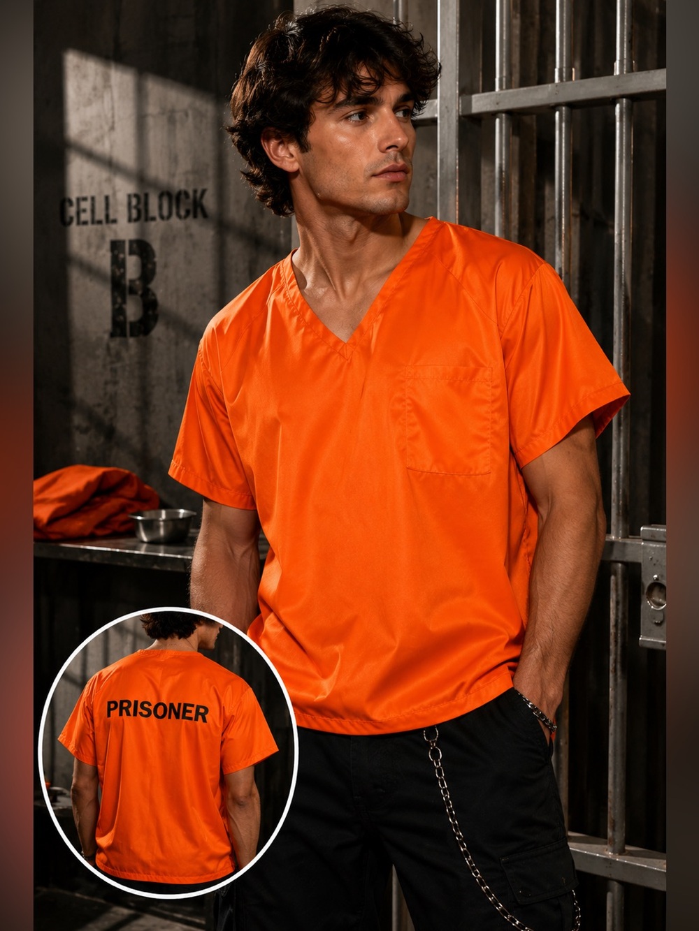 Orange Prisoner Costume Top Halloween Convict Shirt Cosplay Unisex Women Men XL - Picture 12 of 12
